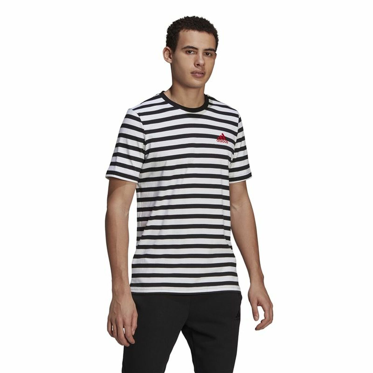 Tricou  Essentials Stripey  Adidas Embroidered Logo Negru - Mărime L