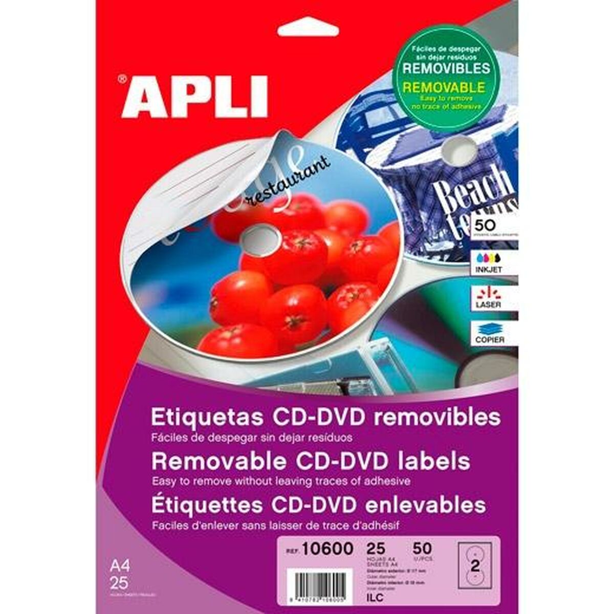 Adezivi/etichete Apli Ø 114 mm Mat CD/DVD Alb 25 Frunze