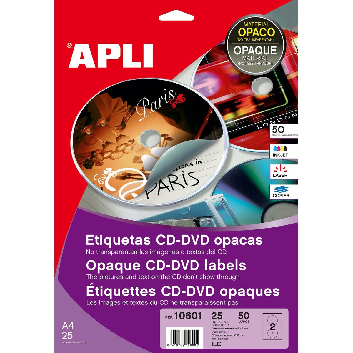 Adezivi/etichete Apli 10601 Circular CD/DVD Alb 25 Frunze