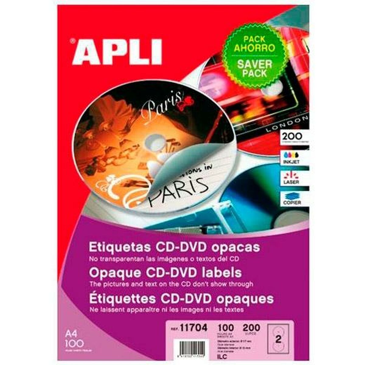Adezivi/etichete Apli CD/DVD Ø 117 mm Alb 100 Frunze