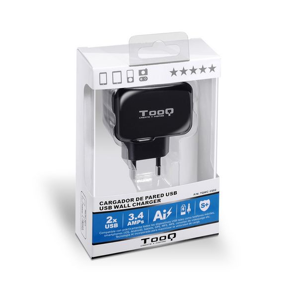 Încărcător de Perete TooQ TQWC-1S02 USB x 2 17W Negru