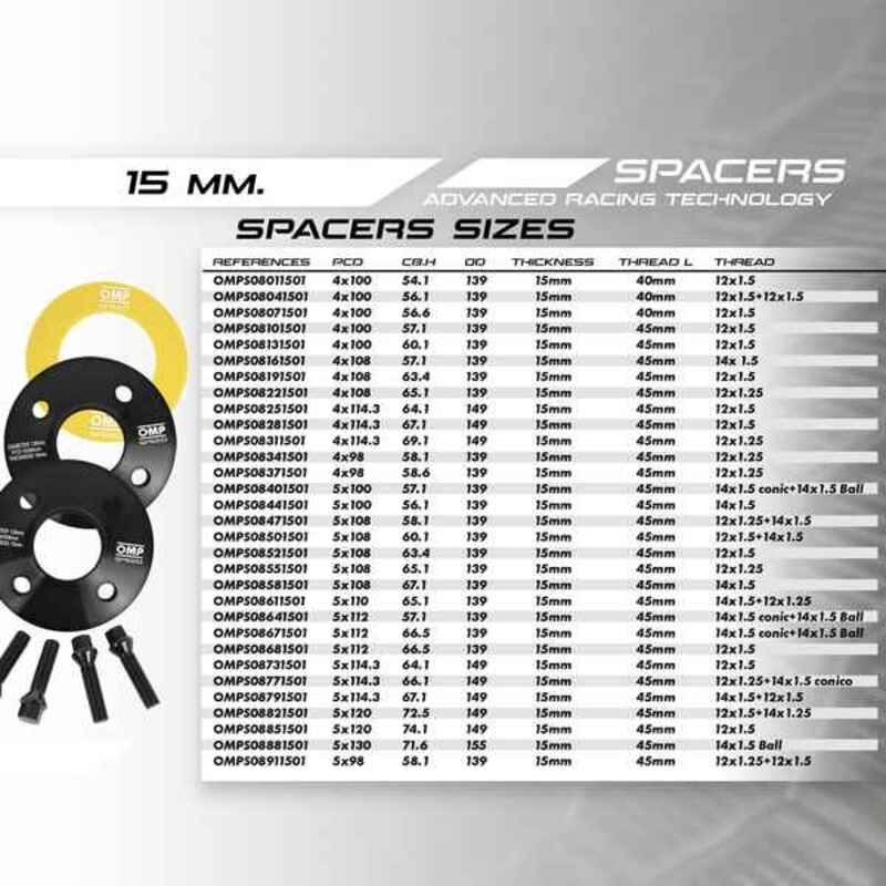 Set of dividers OMP 4x100 56,6 M12 x 1,5 15 mm