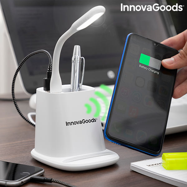 Încărcător wireless cu suport organizator și lampă LED USB 5-în-1 DesKing InnovaGoods