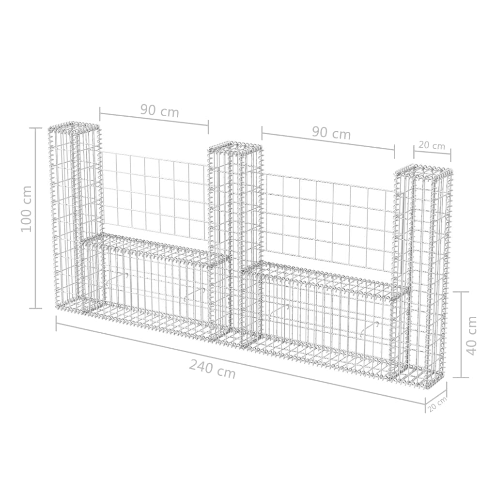 Coș gabion în formă de U, 240 x 20 x 100 cm, oțel galvanizat