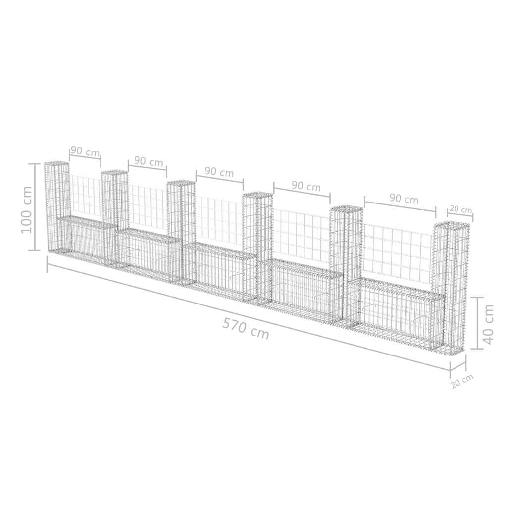 Coș gabion în formă de U, 570 x 20 x 100 cm, oțel galvanizat