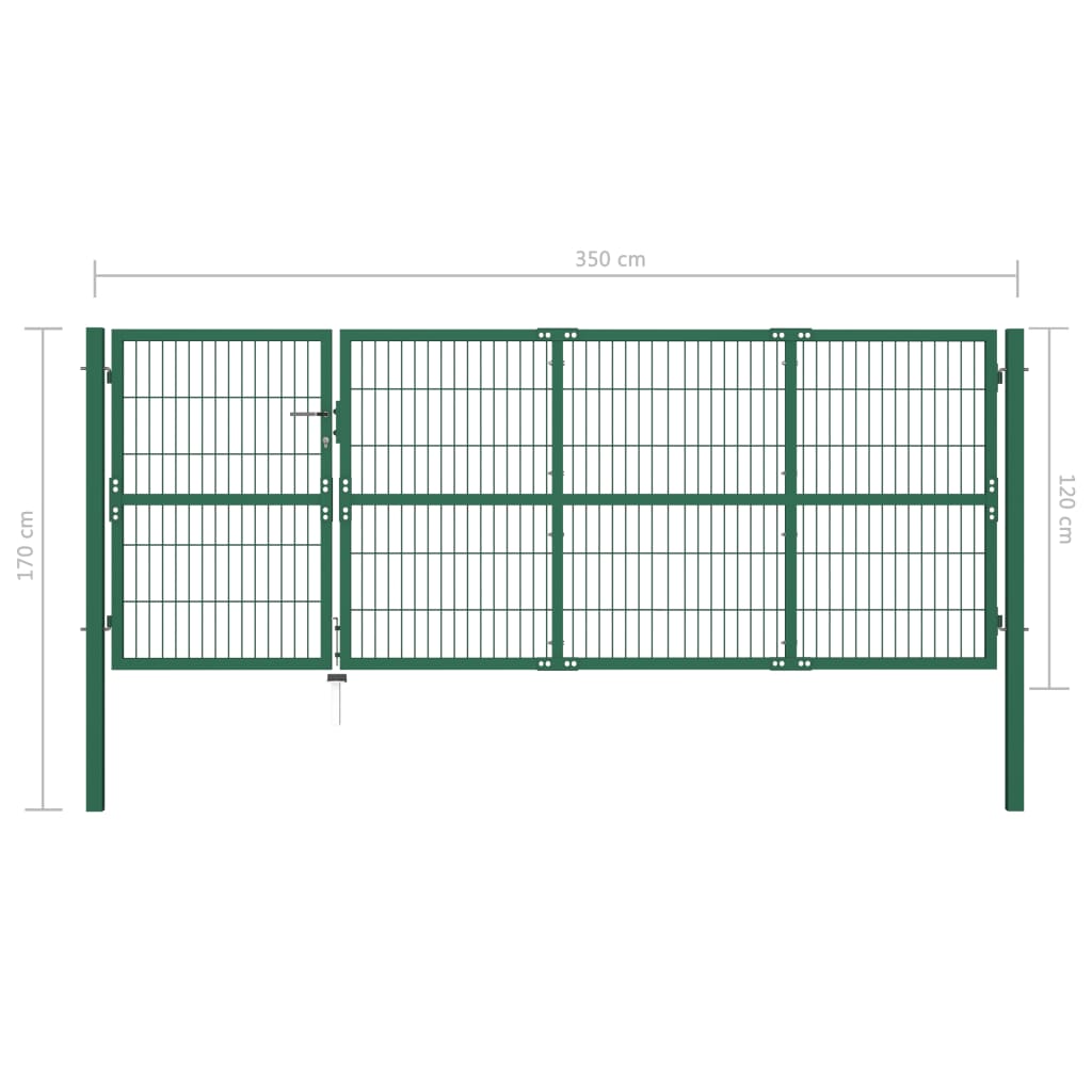 Poartă gard de grădină cu stâlpi, verde, 350 x 120 cm, oțel
