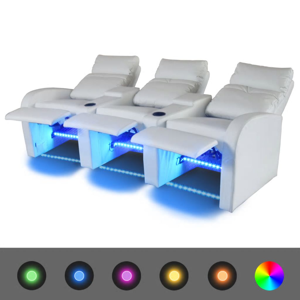 Canapea rabatabilă cu 3 locuri cu LED piele artificială alb