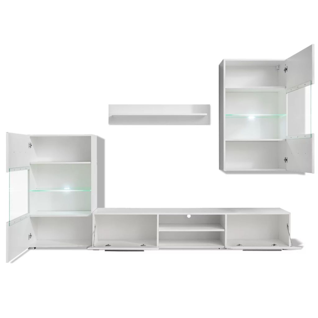 Set mobilier comodă TV de perete, 5 piese, iluminare LED, alb