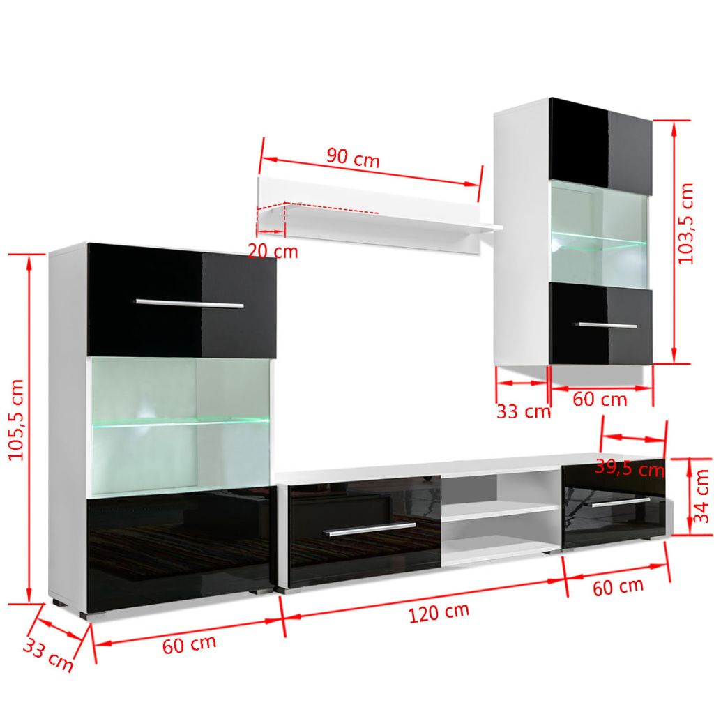 Set mobilier comodă TV de perete, 5 piese, iluminare LED, negru