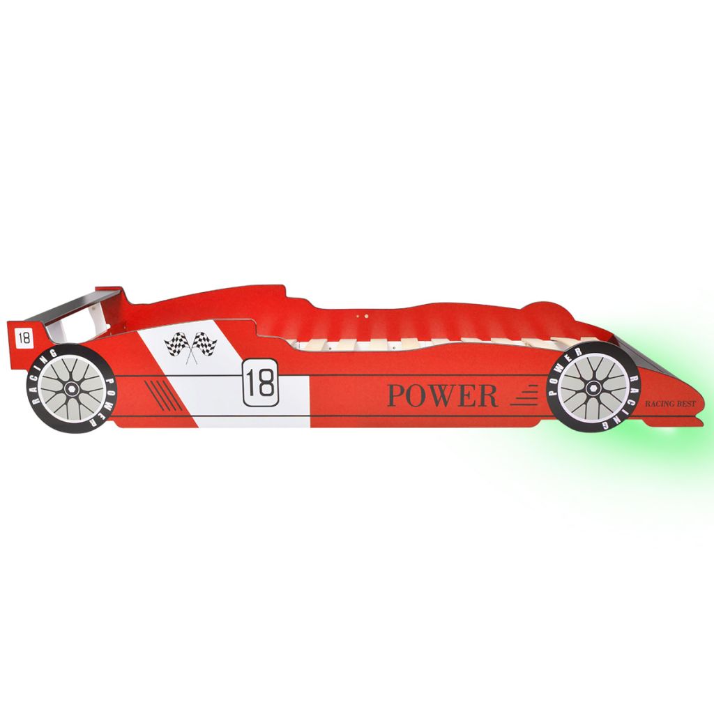 Pat pentru copii mașină de curse, cu LED, 90 x 200 cm, roșu