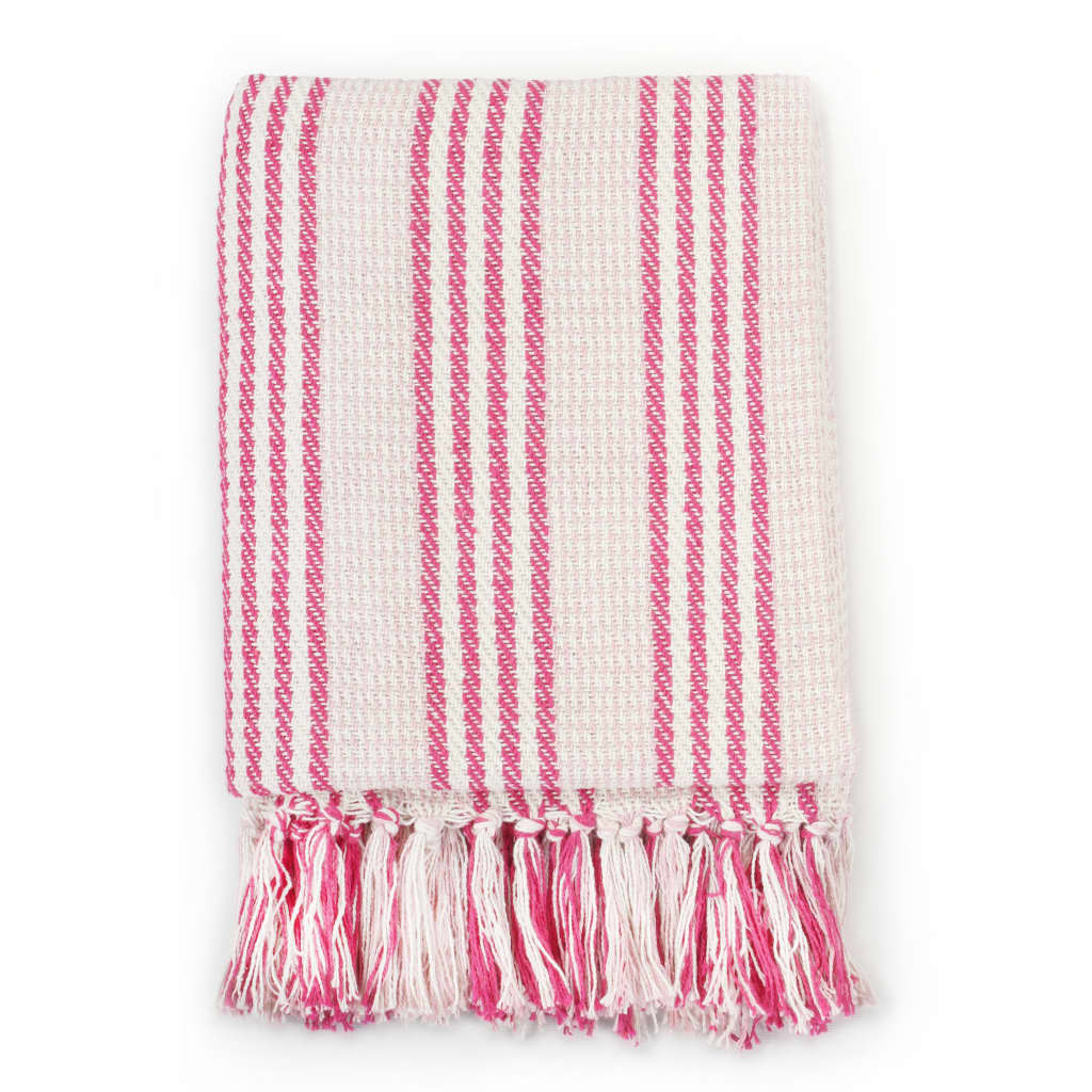 Pătură decorativă cu dungi, bumbac, 125 x 150 cm, roz și alb