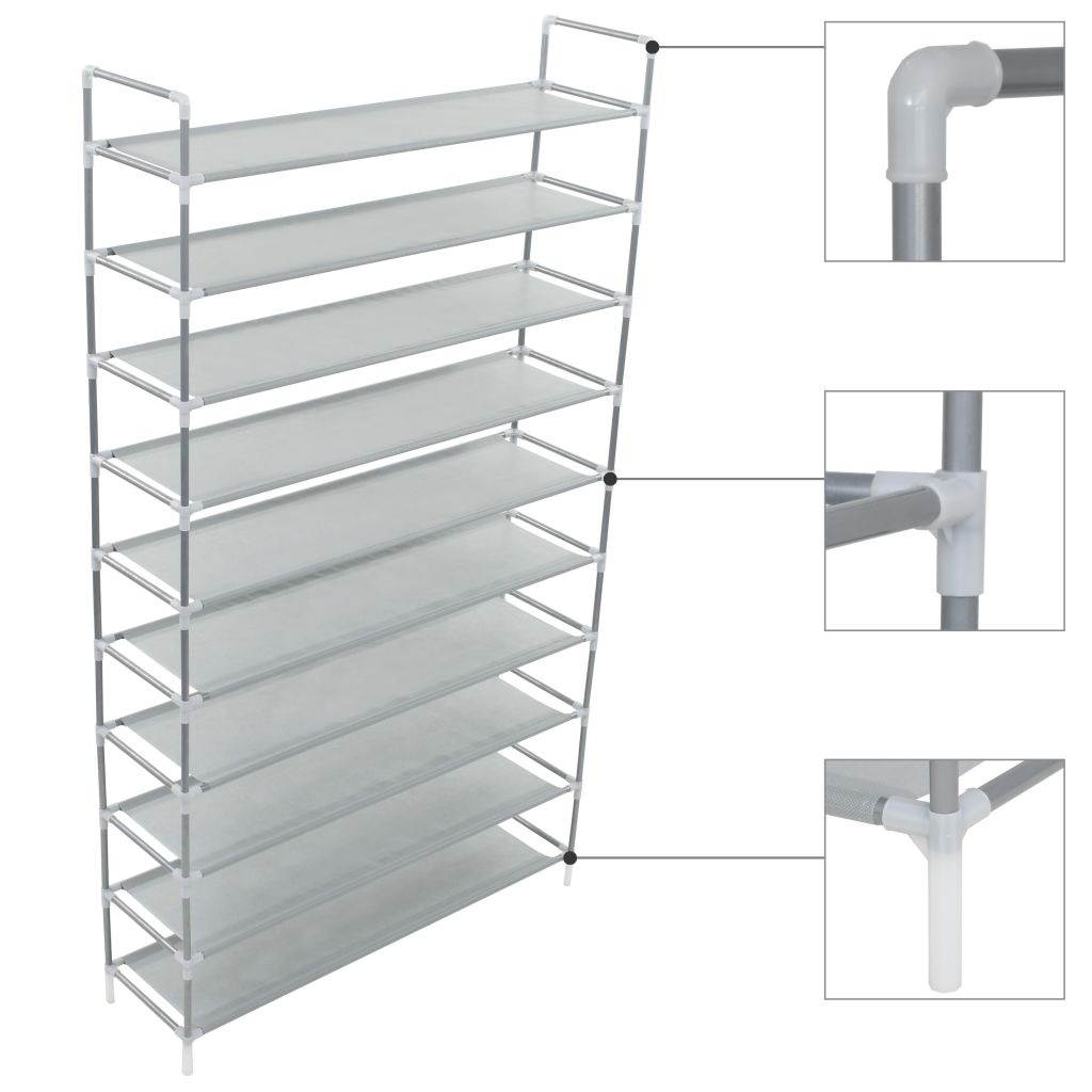 Raft încălțăminte 10 etajere, metal și textil nețesut, argintiu