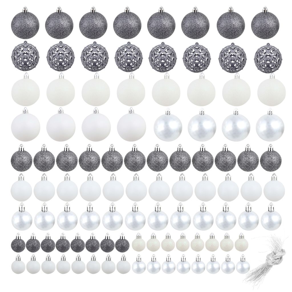 Set globuri de Crăciun 100 de piese, 6 cm, alb/gri