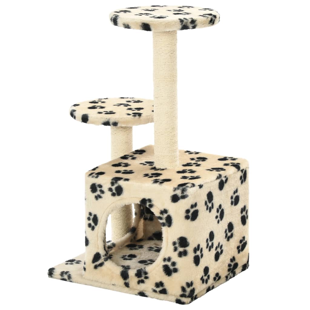 Ansamblu pisici, stâlpi funie sisal, 60cm, imprimeu lăbuțe, bej