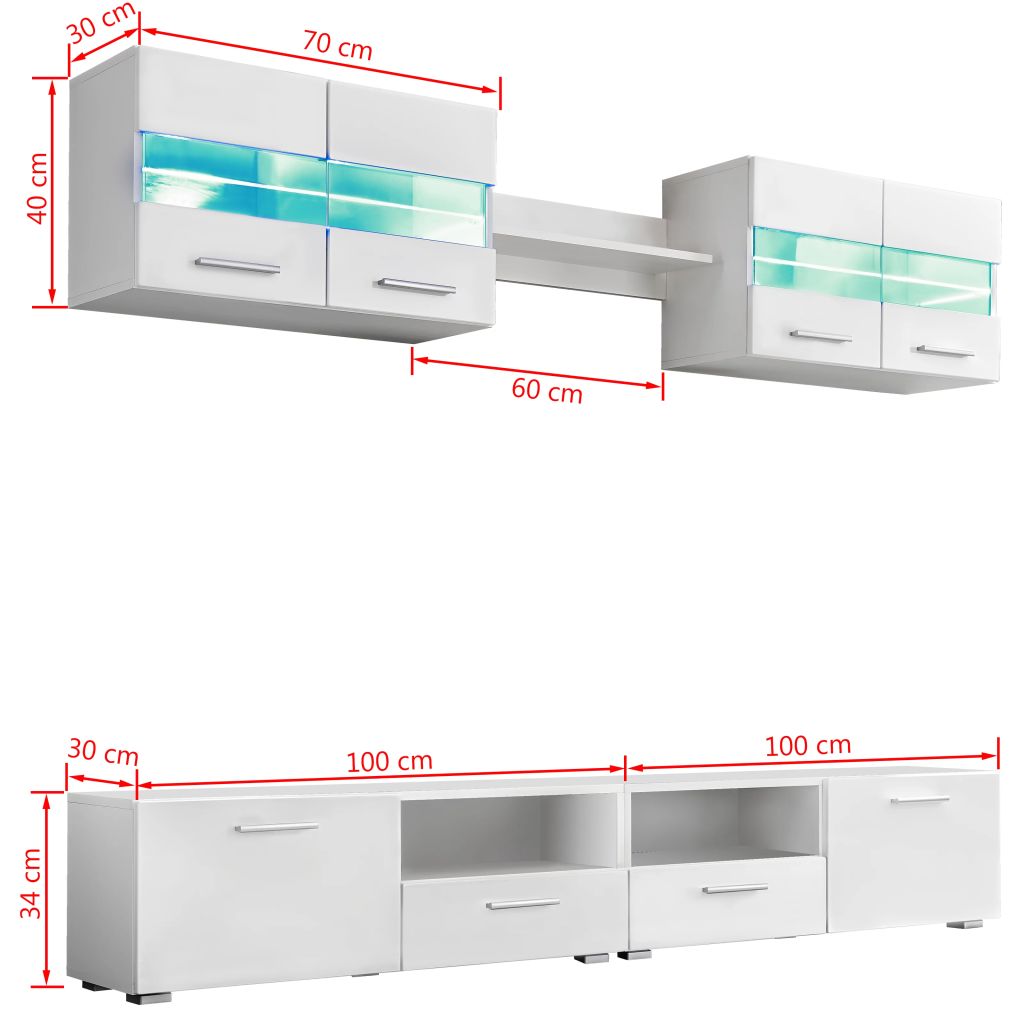 Set comodă TV de perete, 5 piese, lumini LED, alb lucios