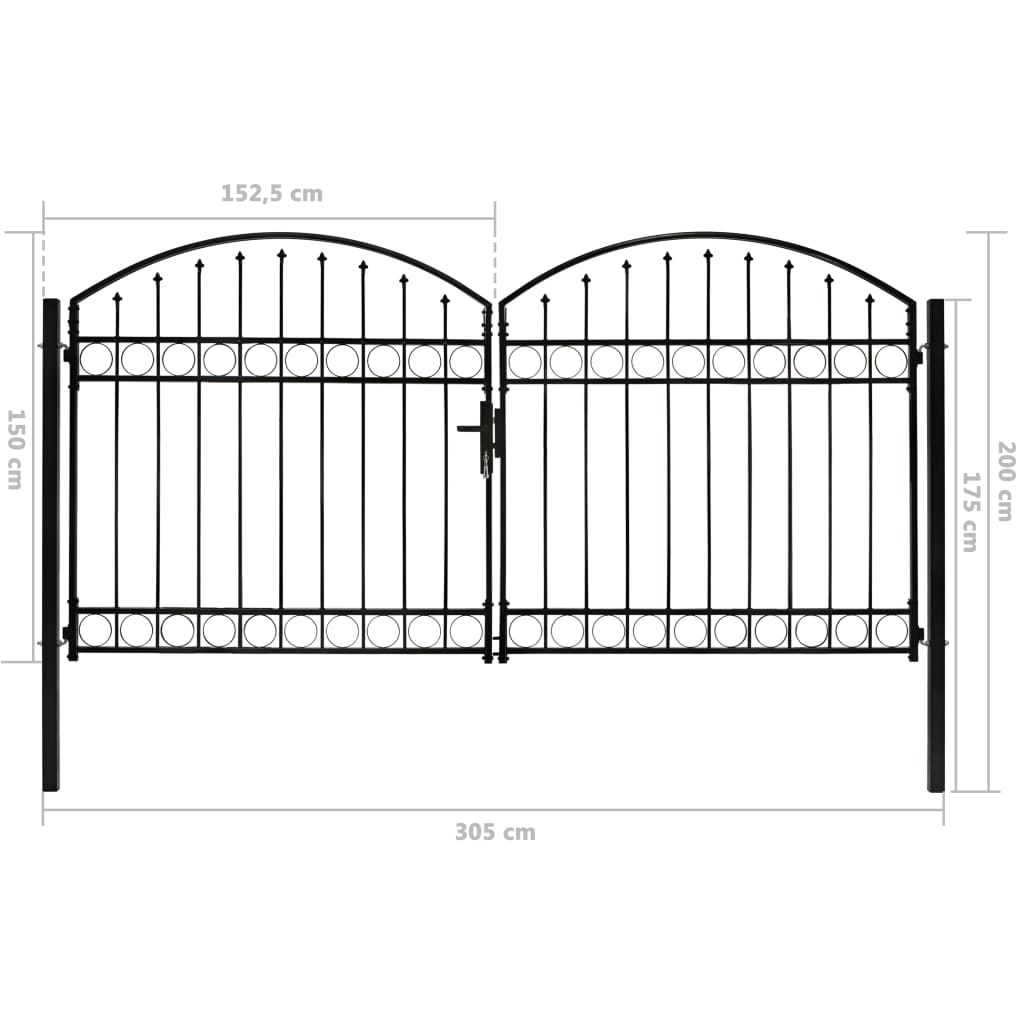 Poartă de gard dublă cu arcadă, negru, 300 x 150 cm, oțel