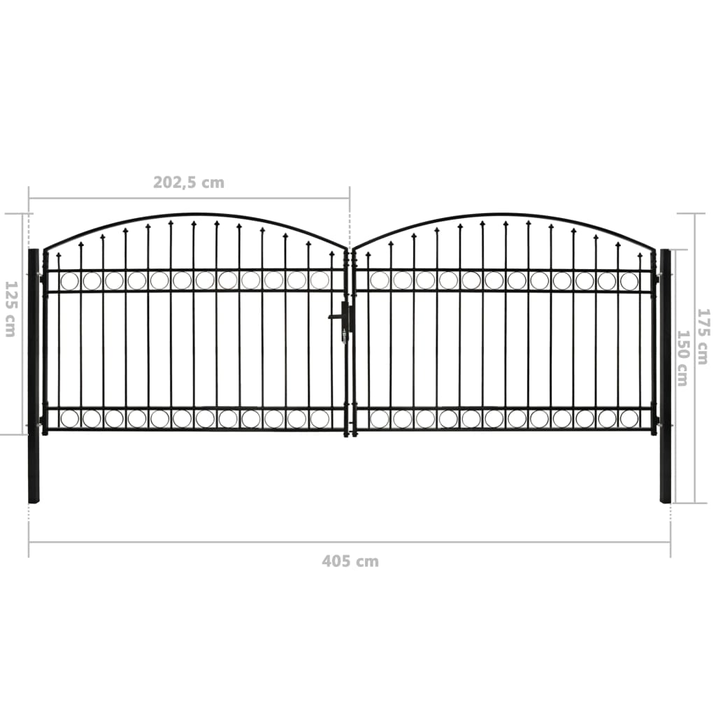 Poartă de gard dublă cu arcadă, negru, 400 x 125 cm, oțel