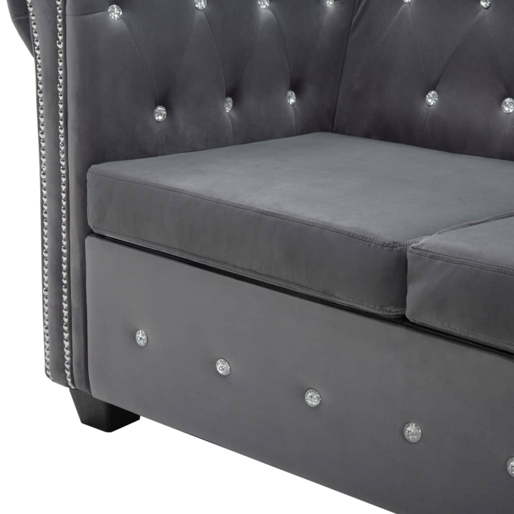 Canapea Chesterfield, formă L, catifea, 199 x 142 x 72 cm, gri