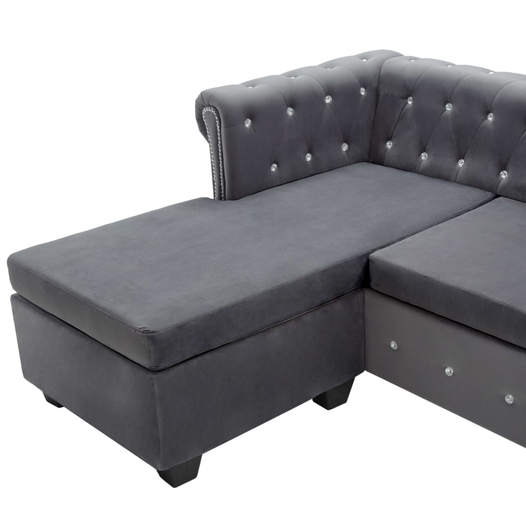 Canapea Chesterfield, formă L, catifea, 199 x 142 x 72 cm, gri