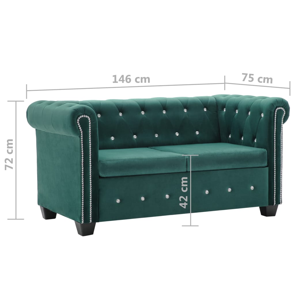 Canapea Chesterfield 2 locuri, catifea, 146x75x72 cm, verde