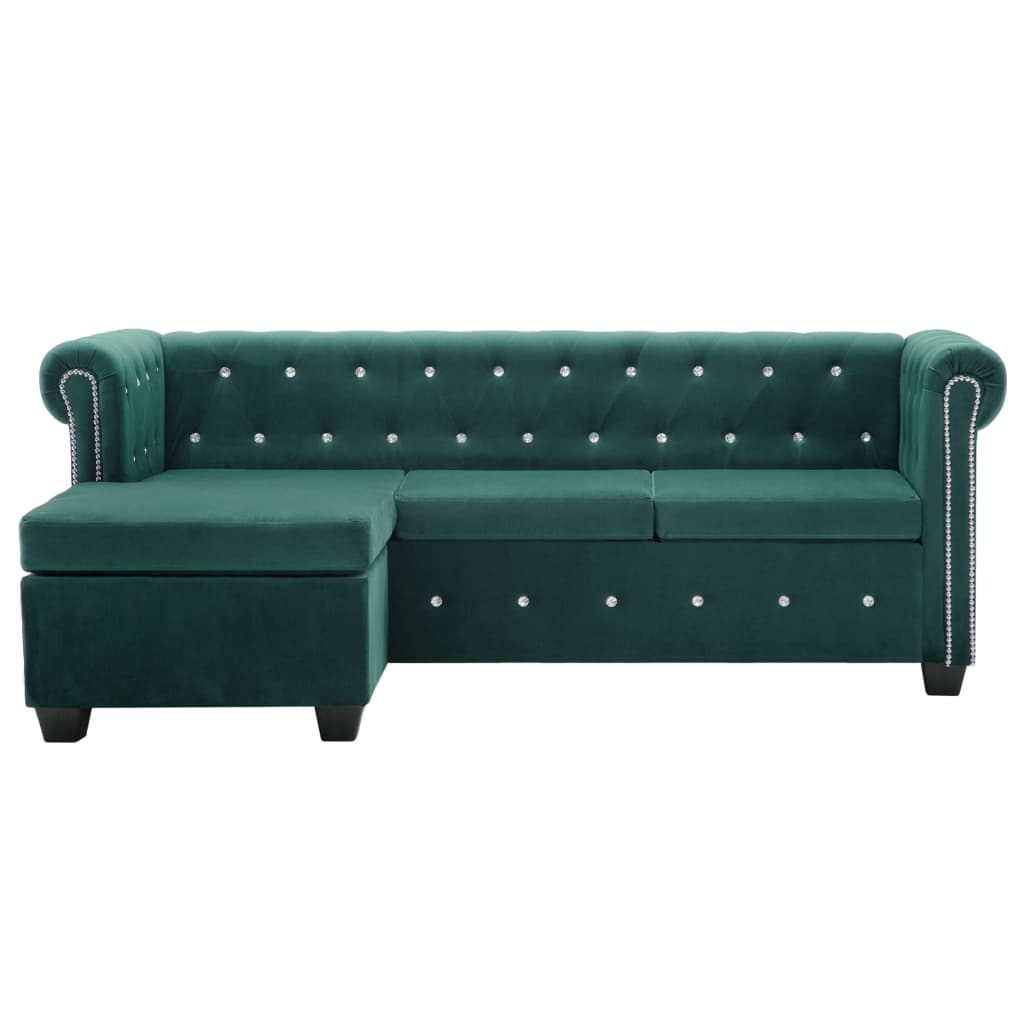 Canapea Chesterfield, formă L, catifea, 199x142x72 cm, verde