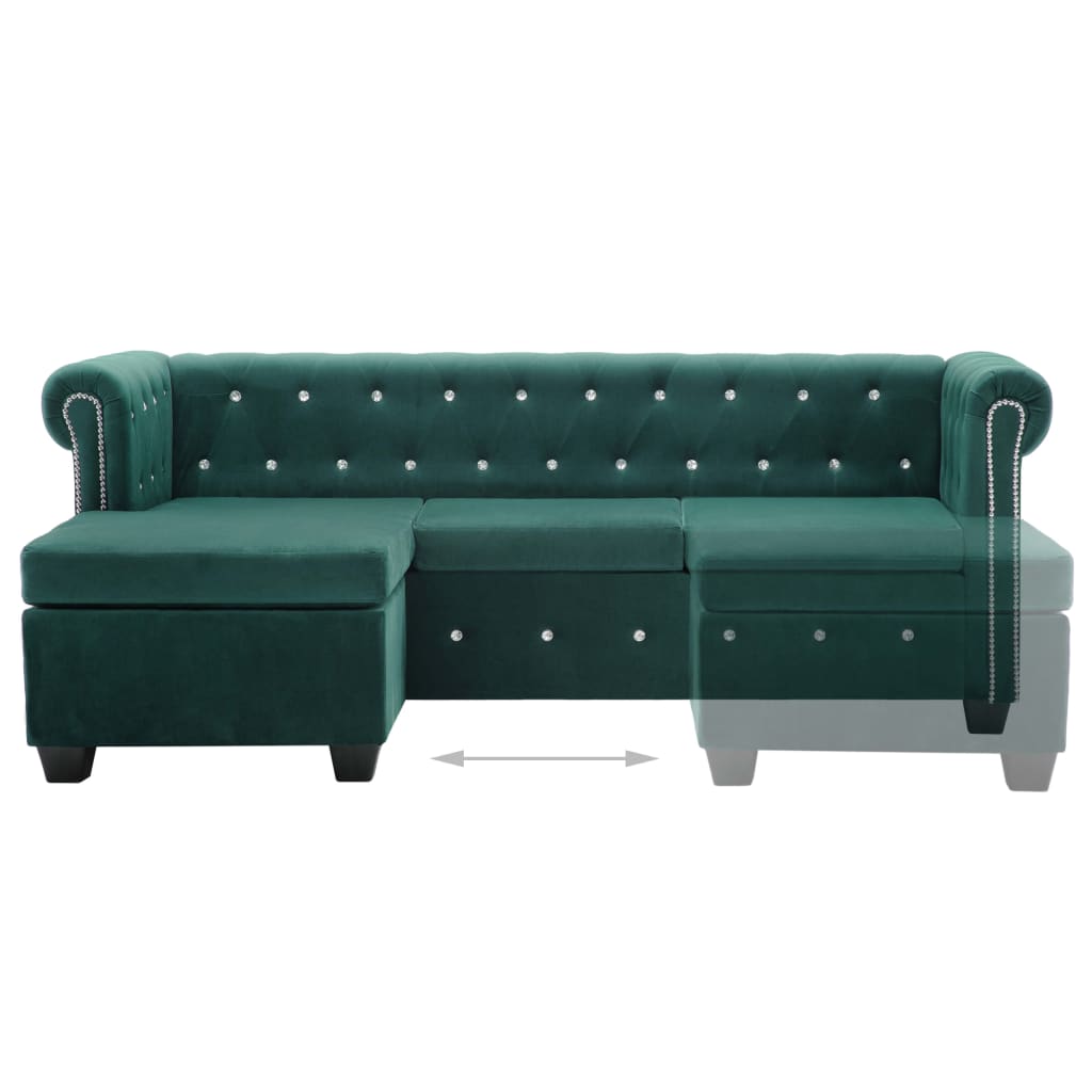 Canapea Chesterfield, formă L, catifea, 199x142x72 cm, verde