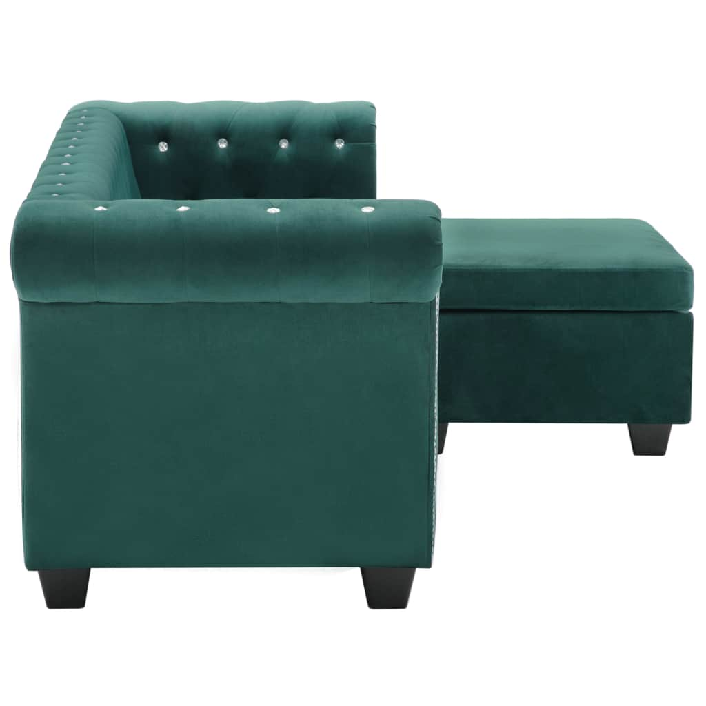 Canapea Chesterfield, formă L, catifea, 199x142x72 cm, verde