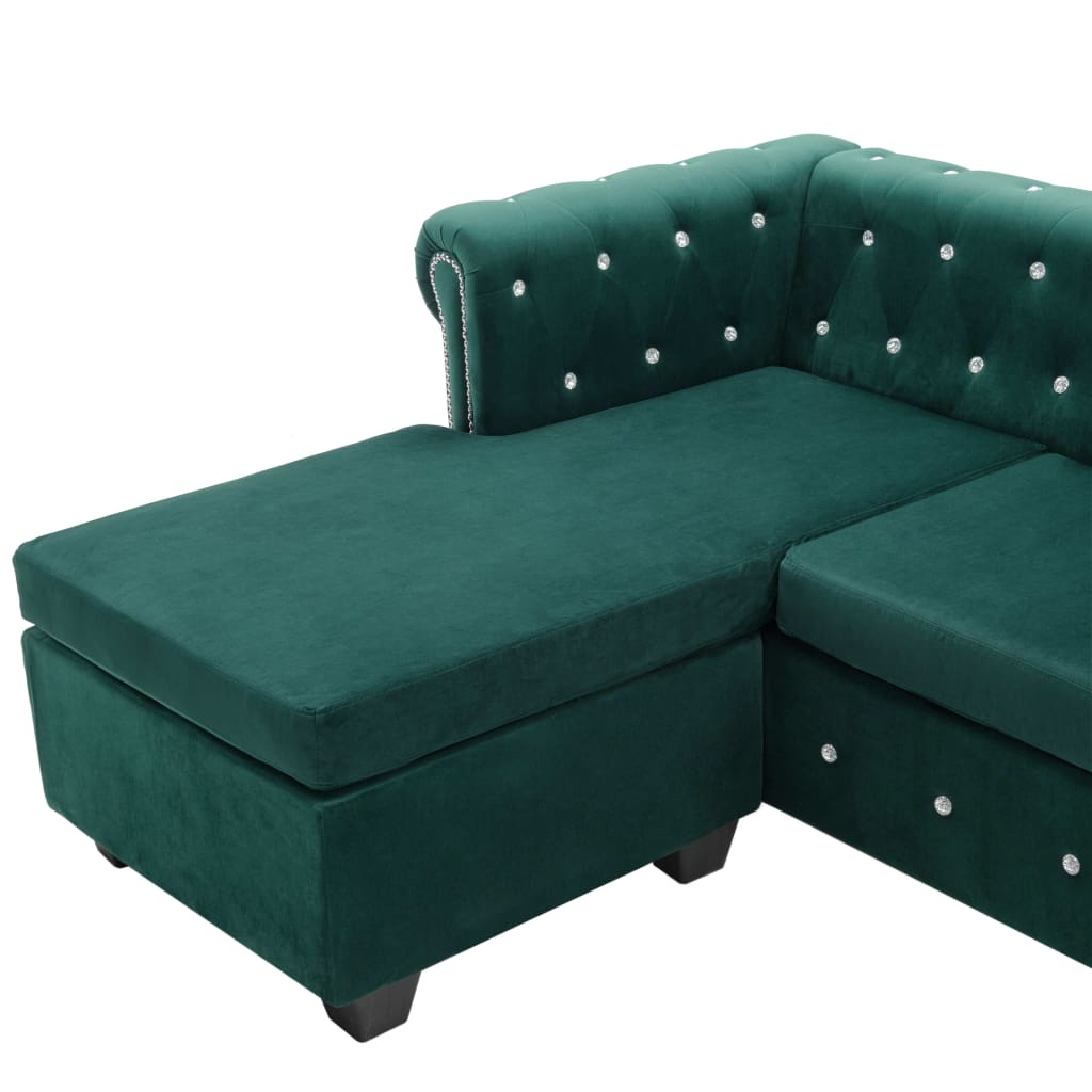 Canapea Chesterfield, formă L, catifea, 199x142x72 cm, verde