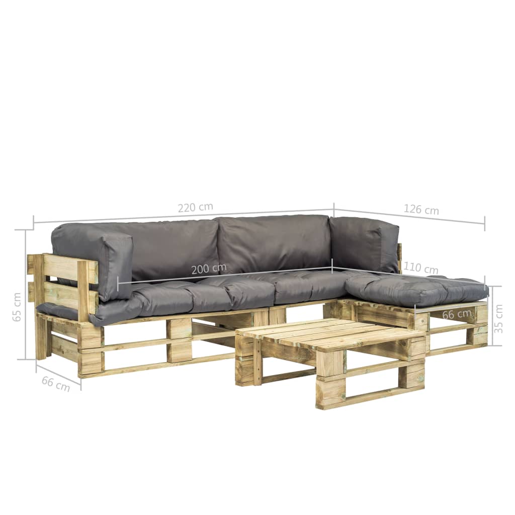 Set mobilier de grădină din paleți cu perne gri, 4 piese, lemn