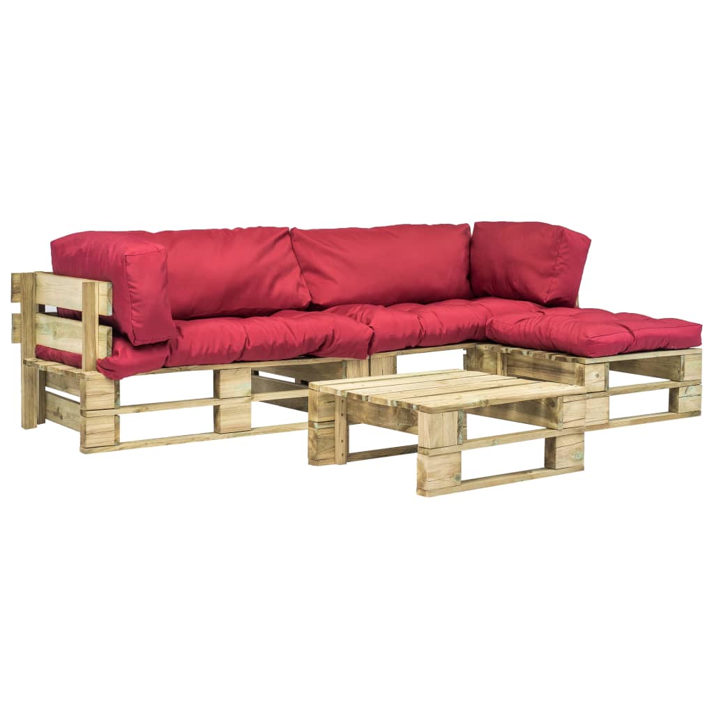Set mobilier de grădină din paleți cu perne roșii 4 piese lemn