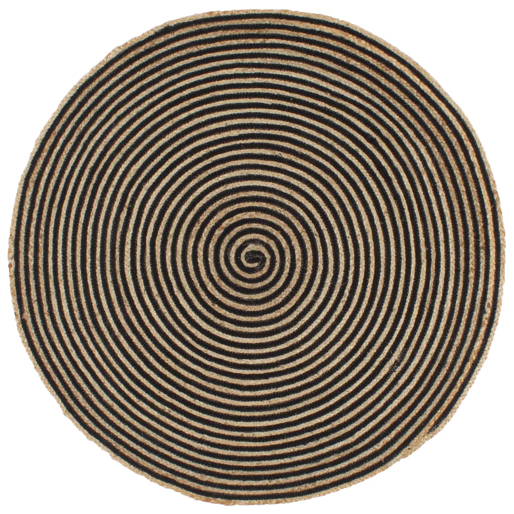 Covor manual cu imprimeu spirală, negru, 90 cm, iută