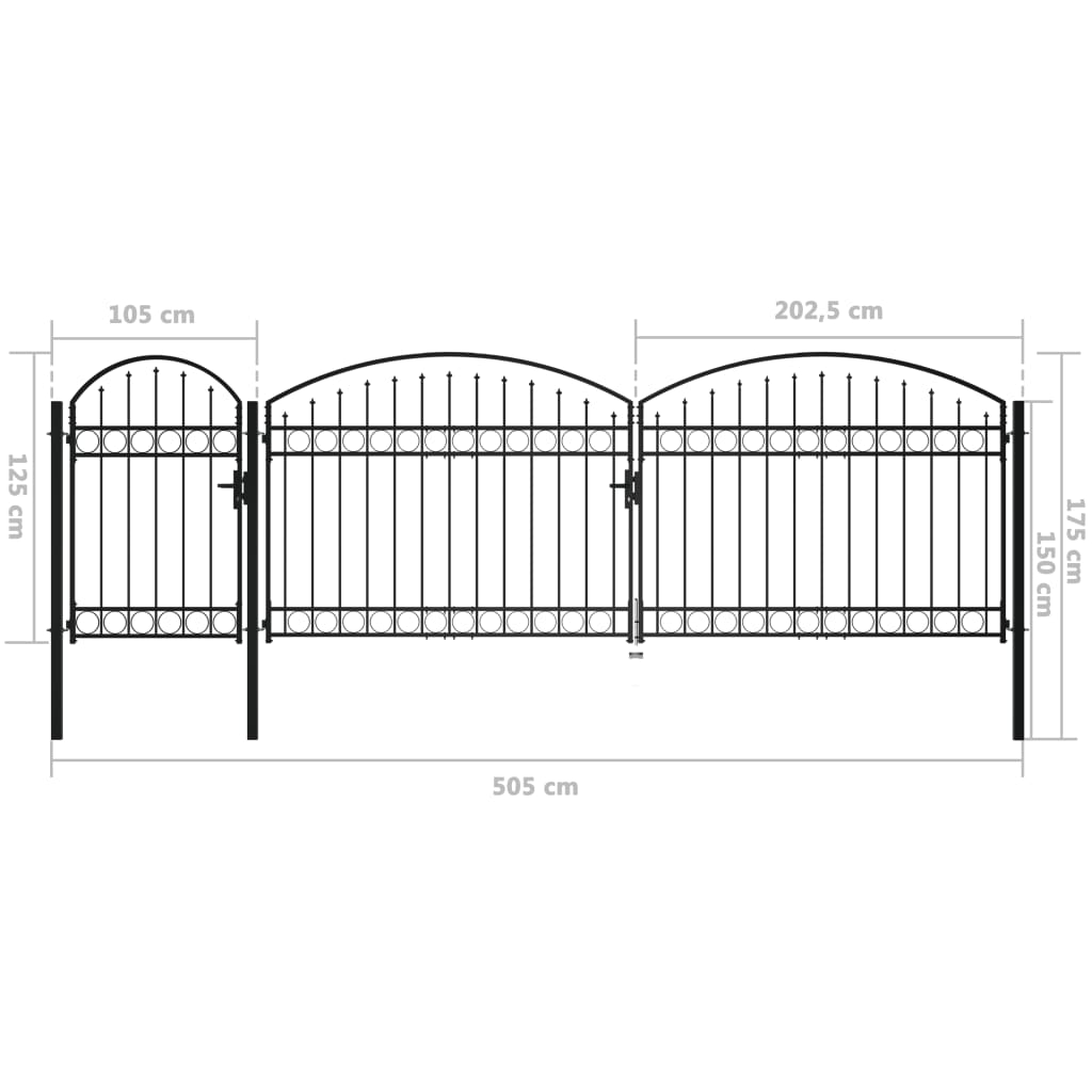 Poartă de gard de grădină cu arcadă, negru, 1,75 x 5 m, oțel