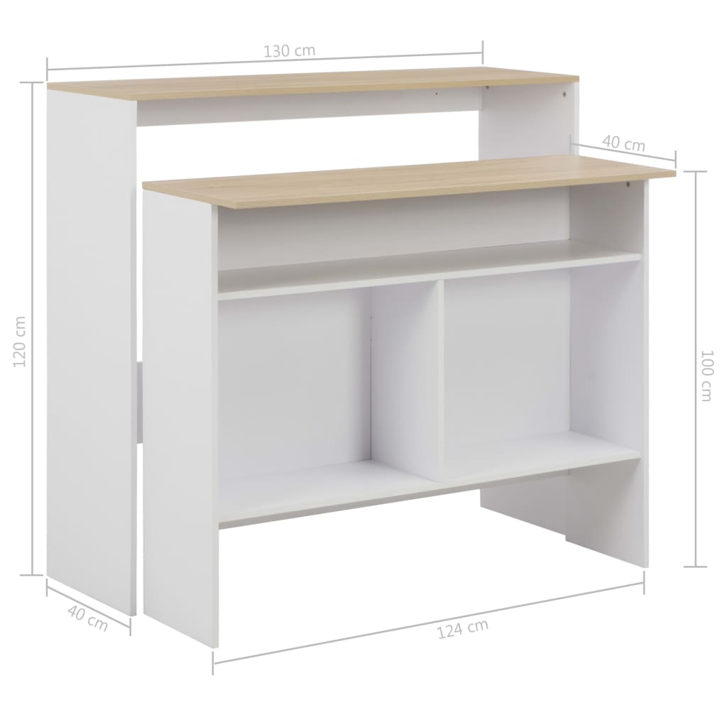 Masă de bar cu 2 blaturi, alb și stejar, 130x40x120 cm