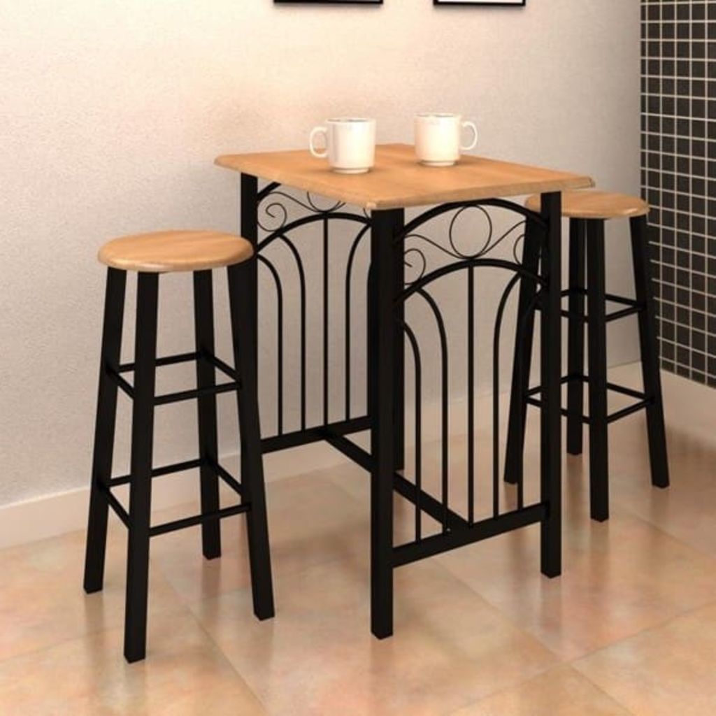 Set masă și scaune, lemn cafeniu si otel, Negru