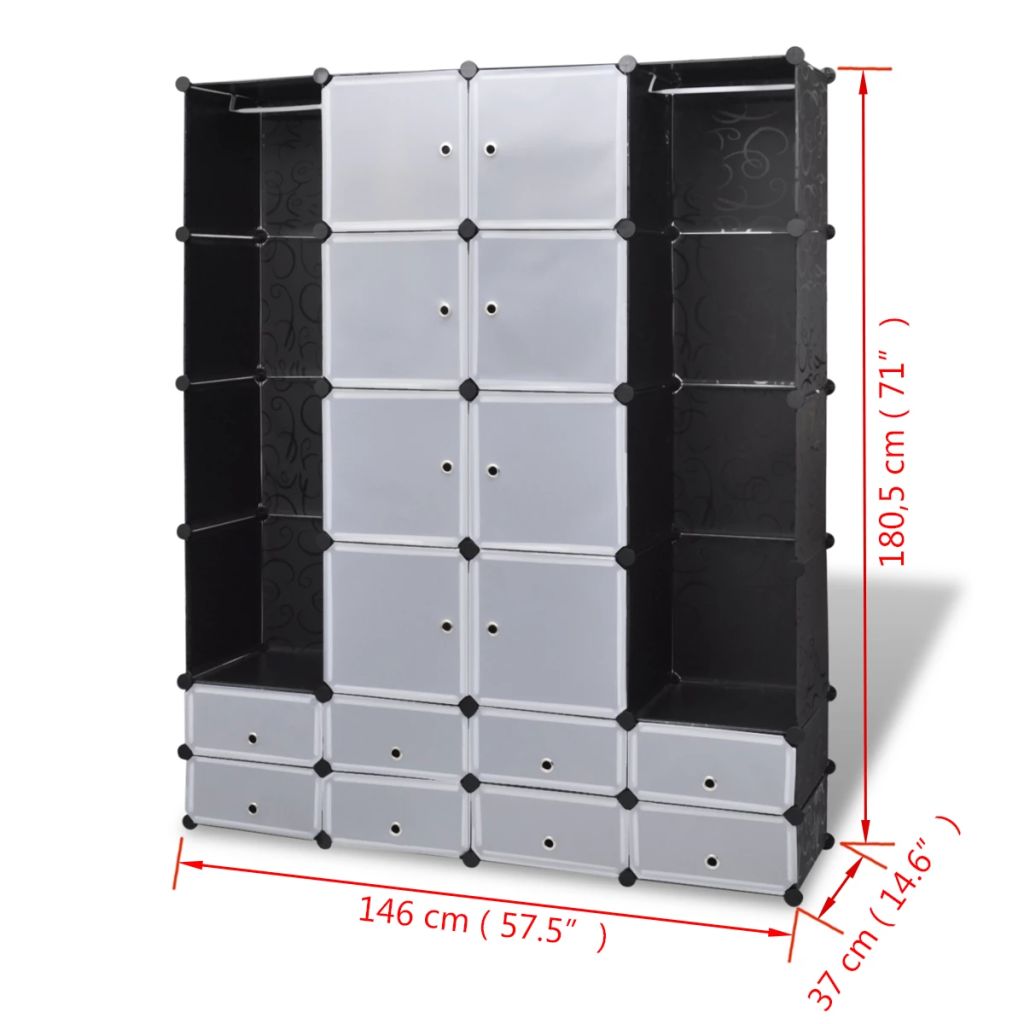 Dulap modular cu 18 compartimente alb și negru 37x146x180,5 cm