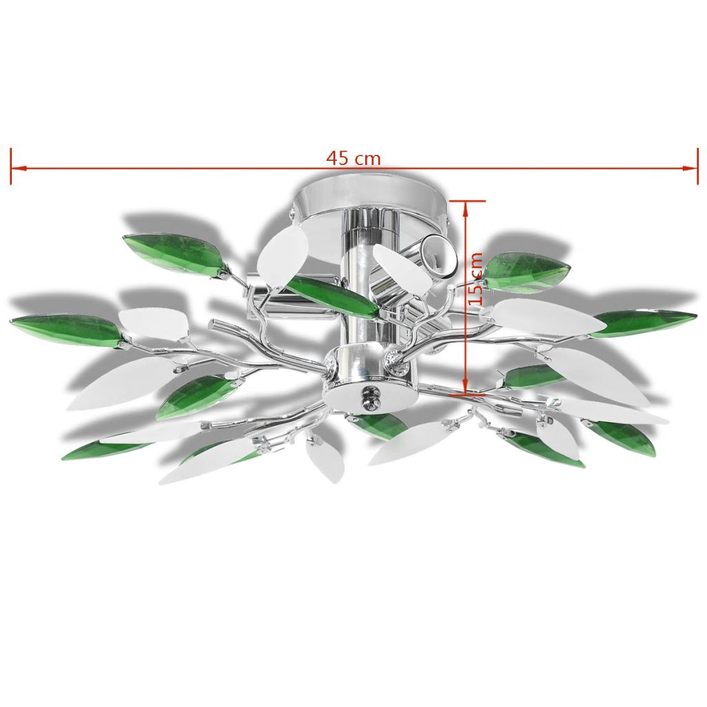 Lustră cu cristale acrilice formă frunze albe și verzi pt 3 becuri E14