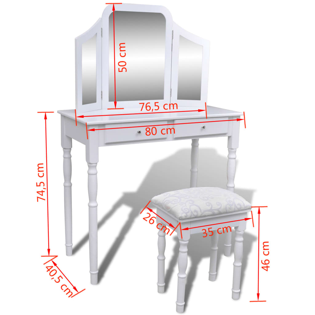 Masă de toaletă cu oglindă 3 în 1 și taburet, 2 sertare, alb