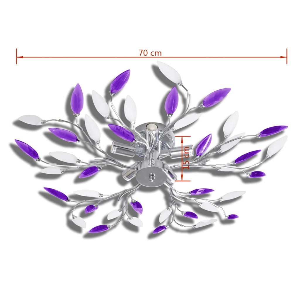 Lustră cu brațe în formă de frunze cristale acrilice, 5 x E14, mov/alb