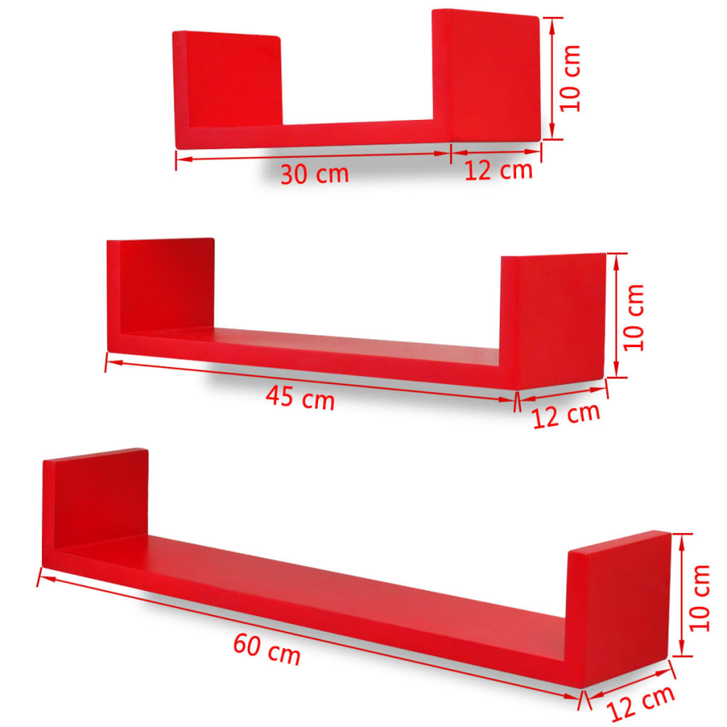 Raft suspendat MDF formă de U, depozitare cărți/DVD-uri, 3 buc, roșu