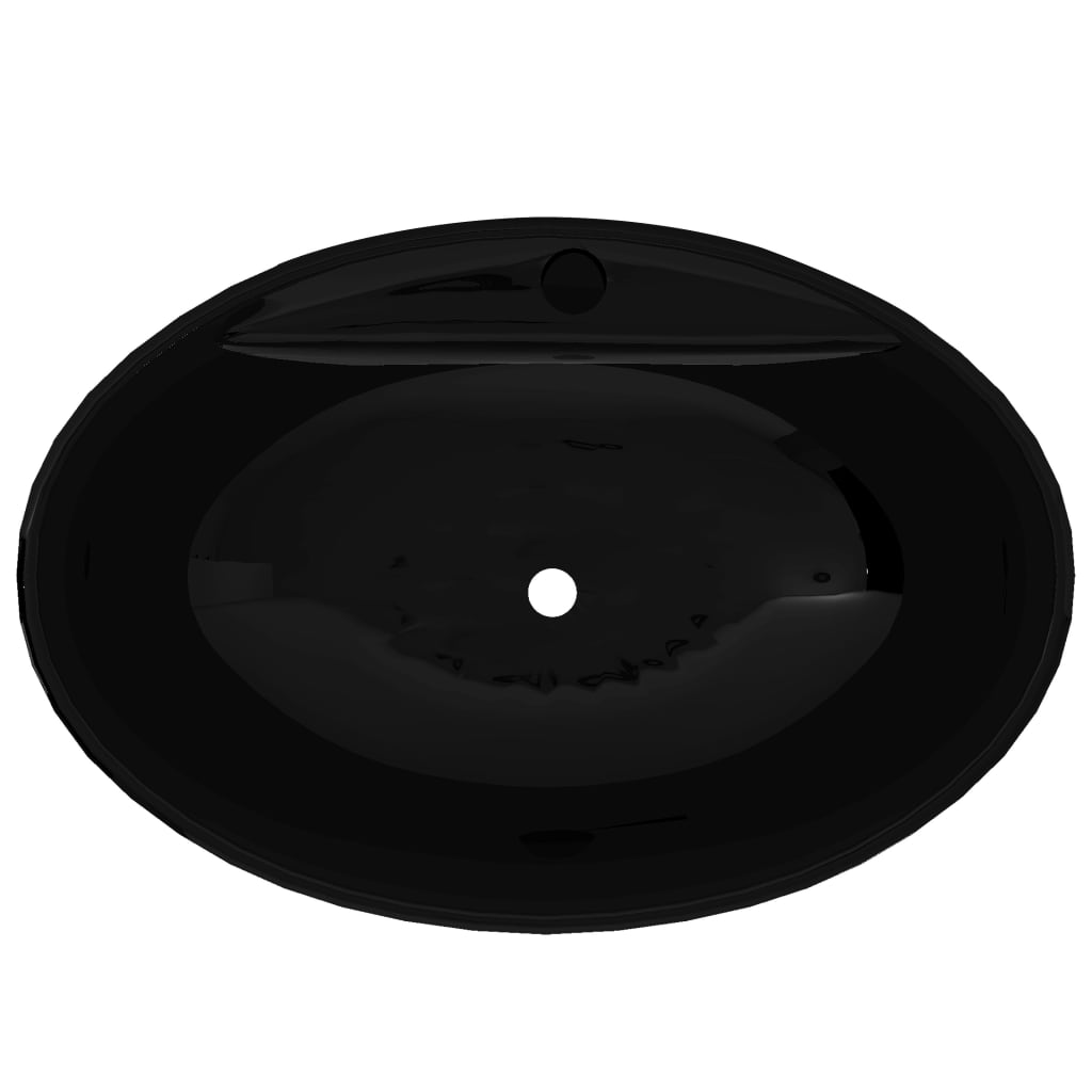 Bazin chiuvetă ceramică baie cu gaură robinet/preaplin, oval, negru