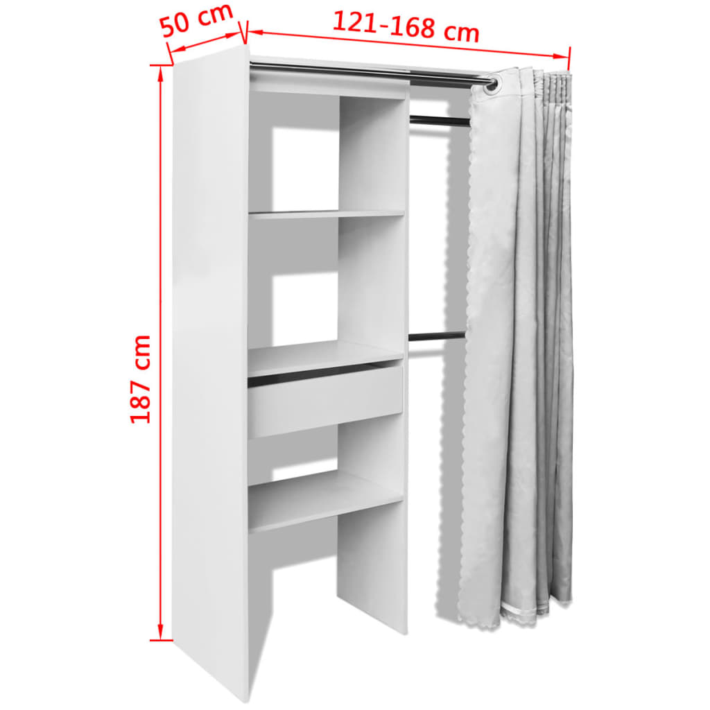 Șifonier cu perdea, reglabil în lățime 121-168 cm, alb