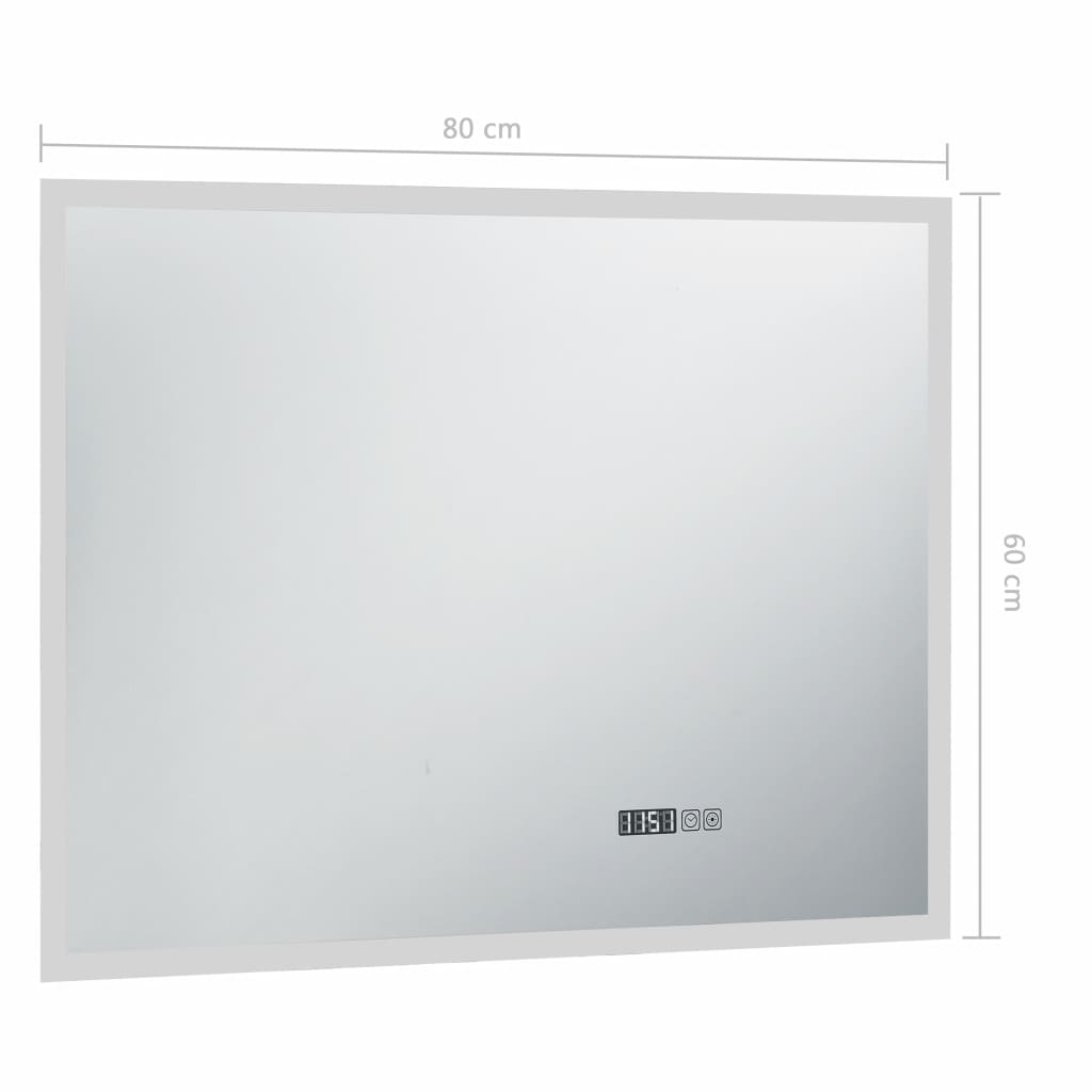 Oglindă cu LED de baie cu senzor tactil și afișaj oră, 80x60 cm
