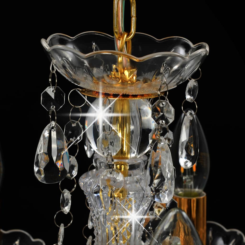 Candelabru cu mărgele de cristal, auriu, rotund, 5 x E14
