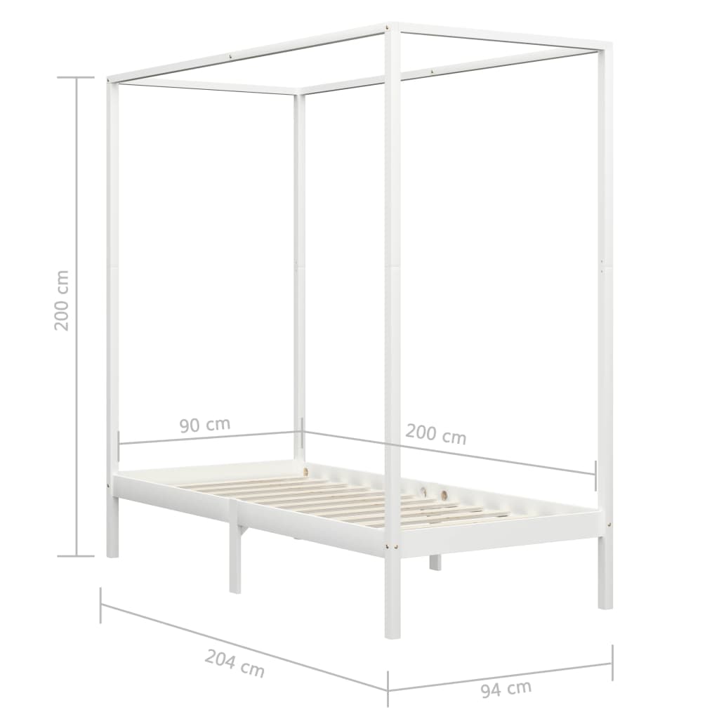 Cadru pat cu baldachin, alb, 90x200 cm, lemn masiv pin