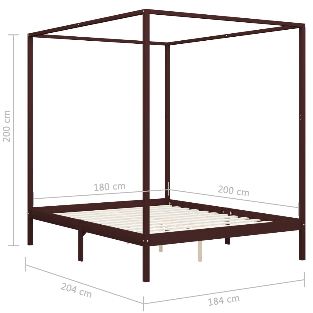 Cadru pat cu baldachin, maro închis, 180x200cm, lemn masiv pin
