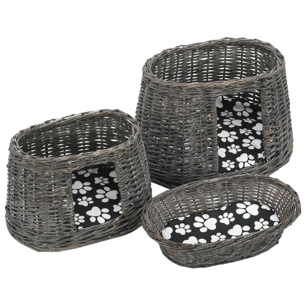 Set coșuri pisici, perne, 3 piese, gri, 47x34x60 cm, salcie