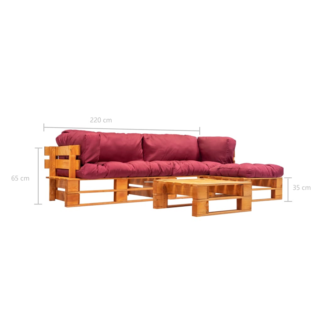 Set mobilier grădină din paleți, perne roșii, 4 piese, lemn FSC
