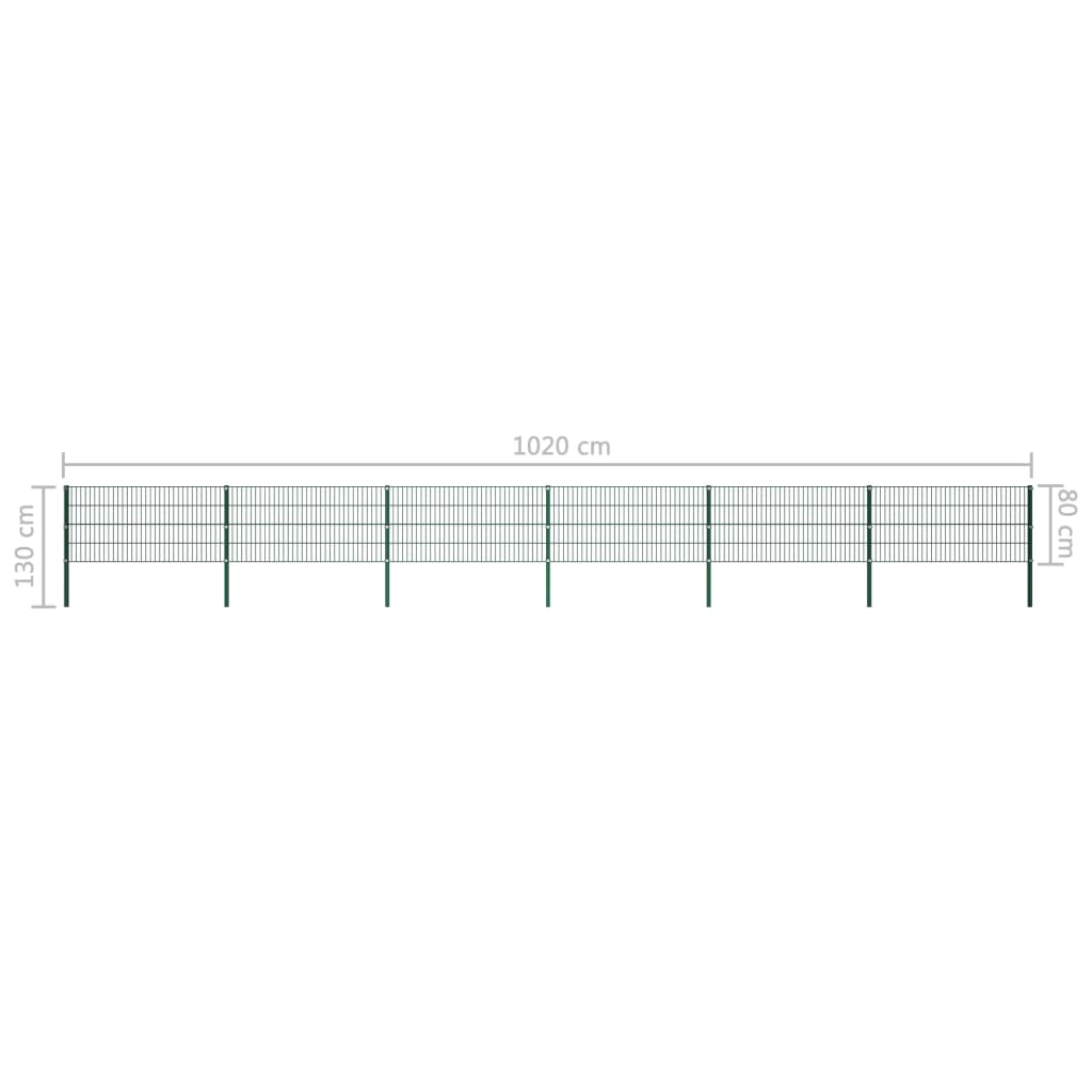 Panou de gard cu stâlpi, verde, 10,2 x 0,8 m, fier