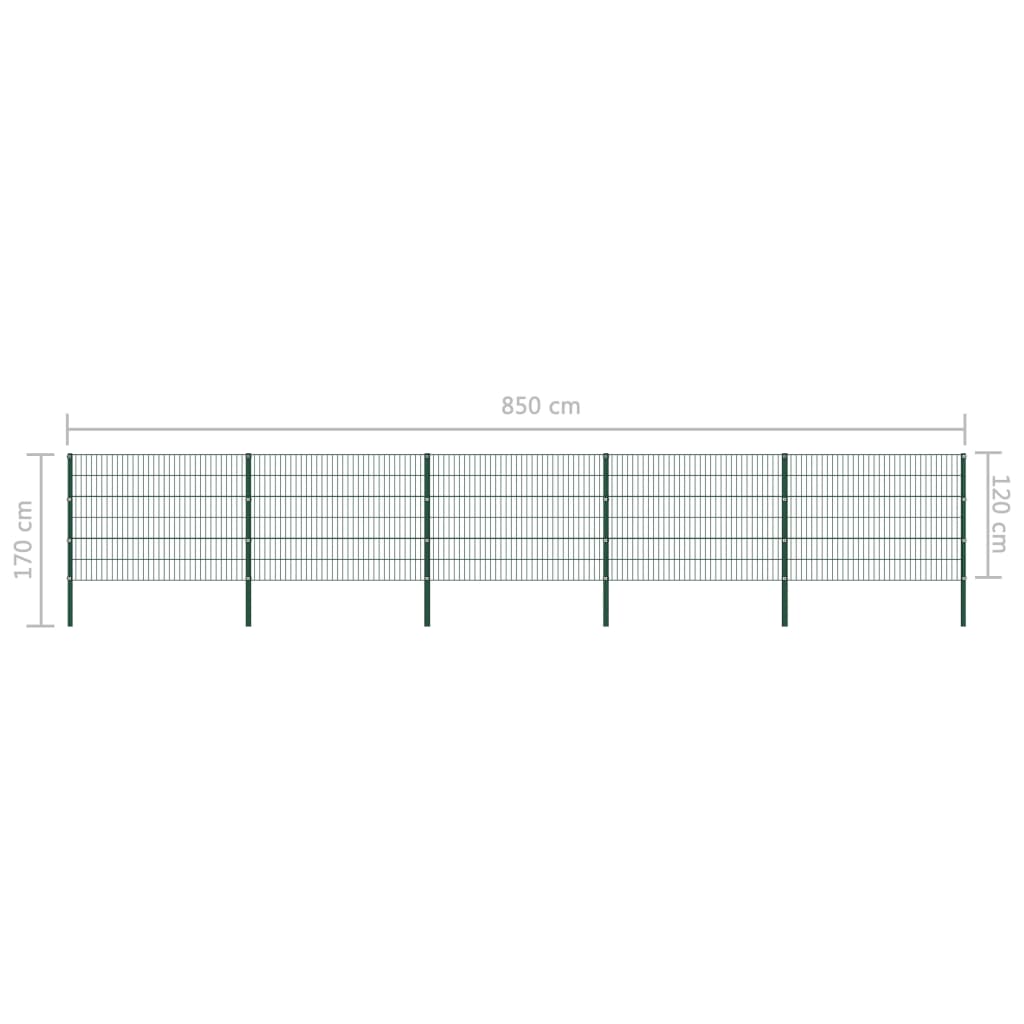 Panou gard cu stâlpi, fier, verde, 8,5 x 1,2 m