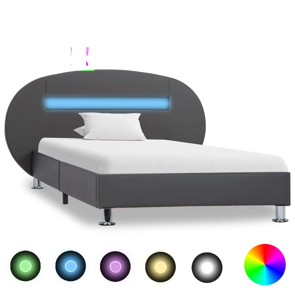 Cadru de pat cu LED, gri, 90 x 200 cm, piele ecologică